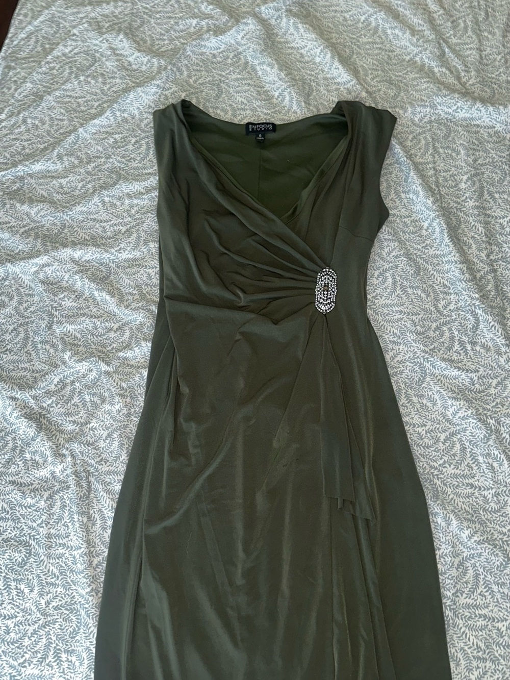 Enfocus Studio Olive Green Midi Dress with Jeweled Buckle